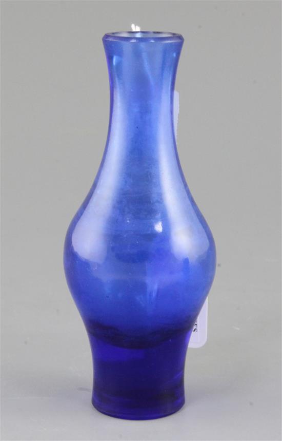 A Chinese Beijing blue glass baluster vase, 18.2cm, remnants of gilding to the engraved mark